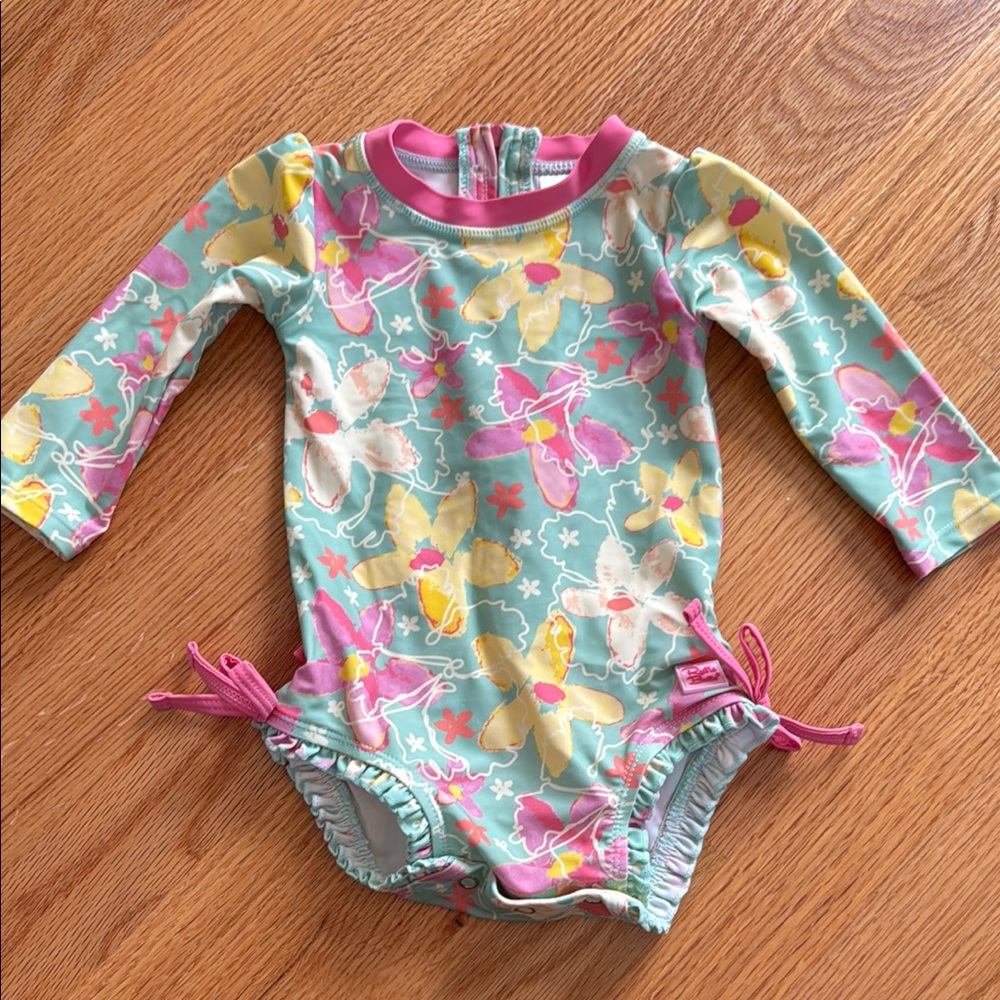 Ruffle Butts Floral Kids Swim One Piece - Pink, Yellow, Blue